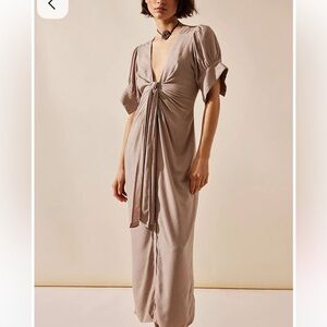 Free People Linen Blend Button Front V Neck Vintage Summer Midi Dress Small